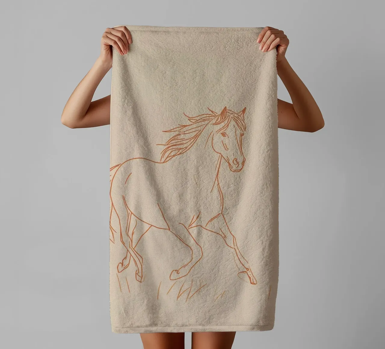 Horse galloping in a grassy field red lines towel by DesignDoodle