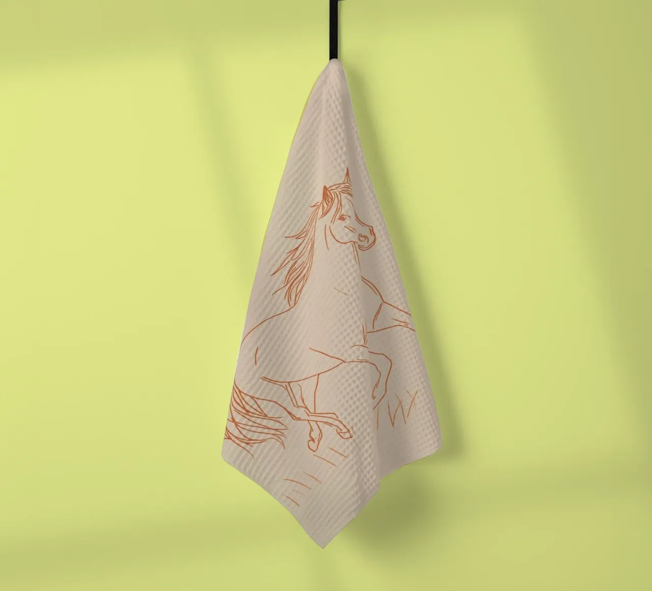 Cheval au galop dans un champ herbeux lignes rouges torchon de DesignDoodle