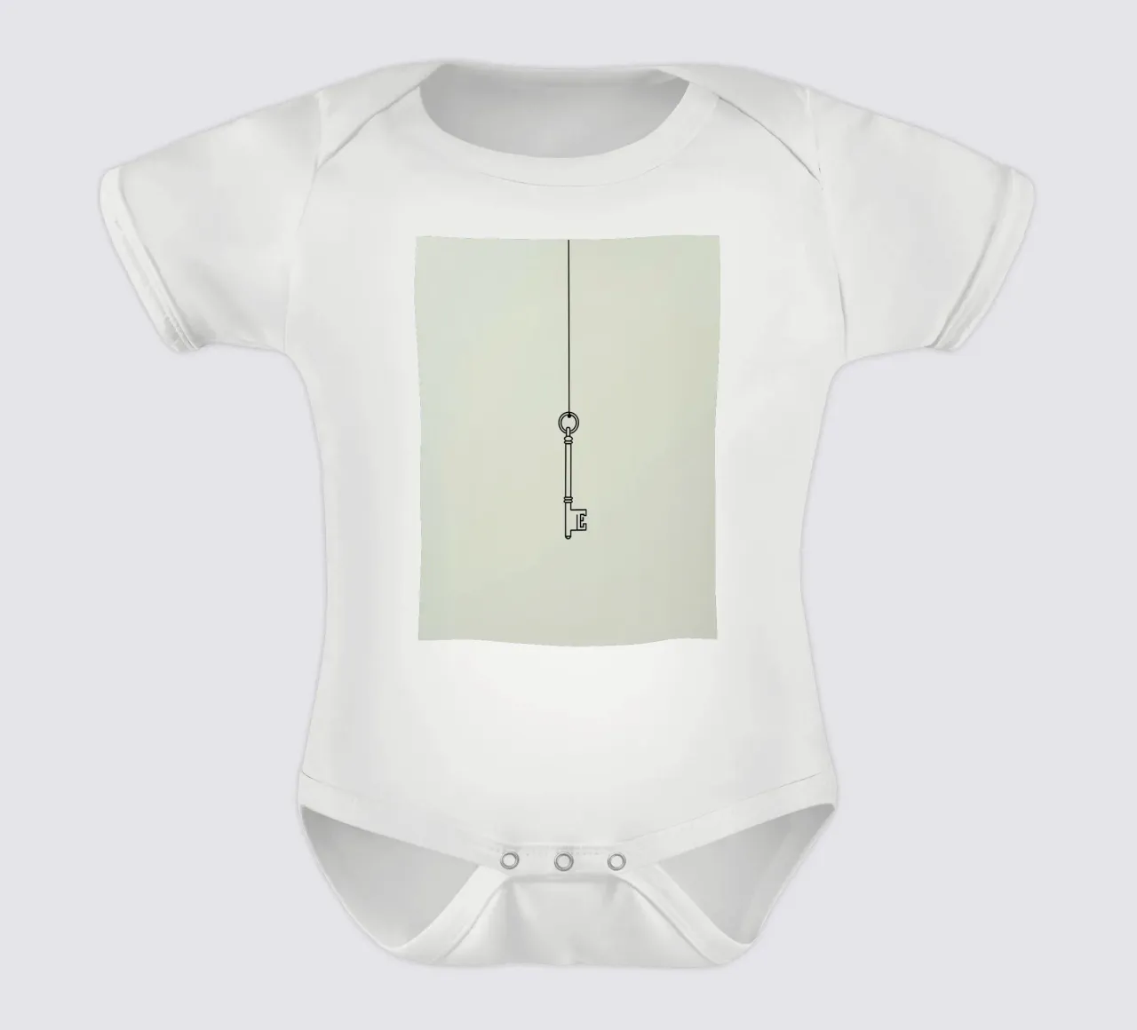 Key hanging from a string against a light backdrop short-sleeve baby romper by DesignDoodle