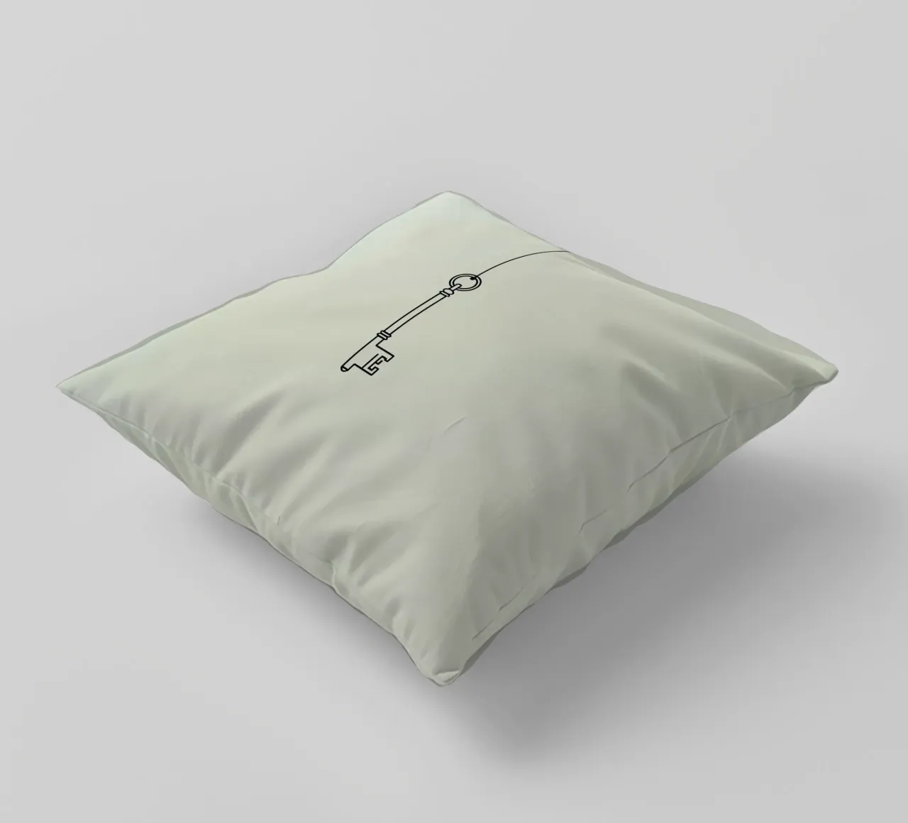 Key hanging from a string against a light backdrop decorative cushion by DesignDoodle