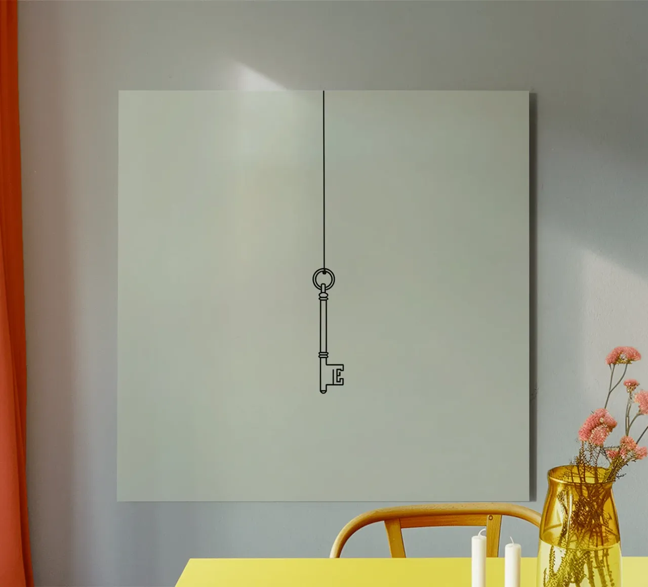 Key hanging from a string against a light backdrop alu-dibond by DesignDoodle