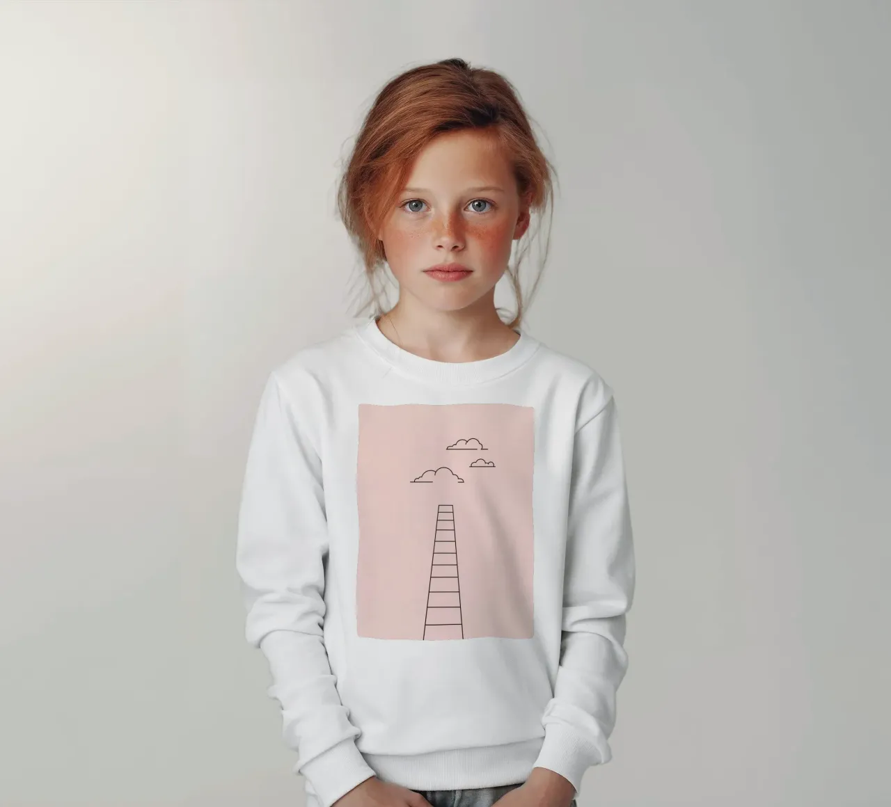 Ladder reaching towards the clouds against a minimalist art kids sweatshirt by DesignDoodle