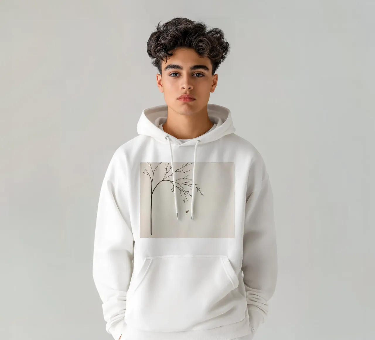 Stylized tree branch with a single leaf falling line art hoodie by DesignDoodle