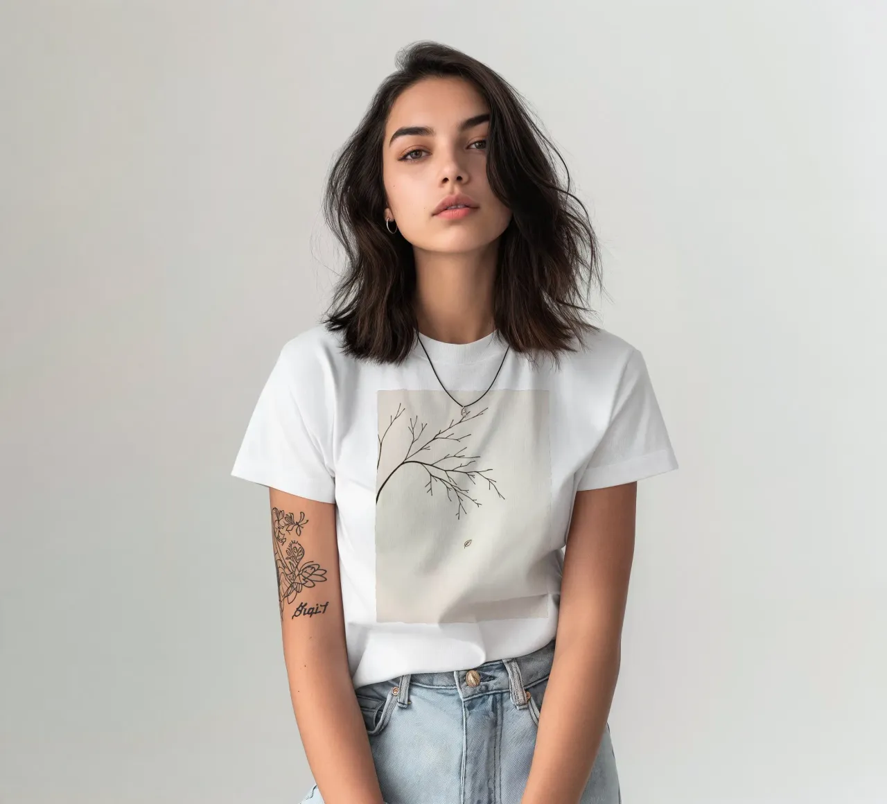 Stylized tree branch with a single leaf falling line art t-shirt by DesignDoodle