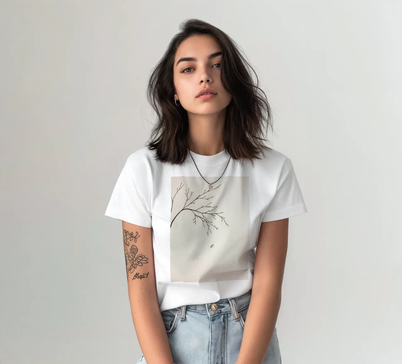 Stilisierter Baumzweig mit einem einzelnen fallenden Blatt Line Art T-Shirt von DesignDoodle