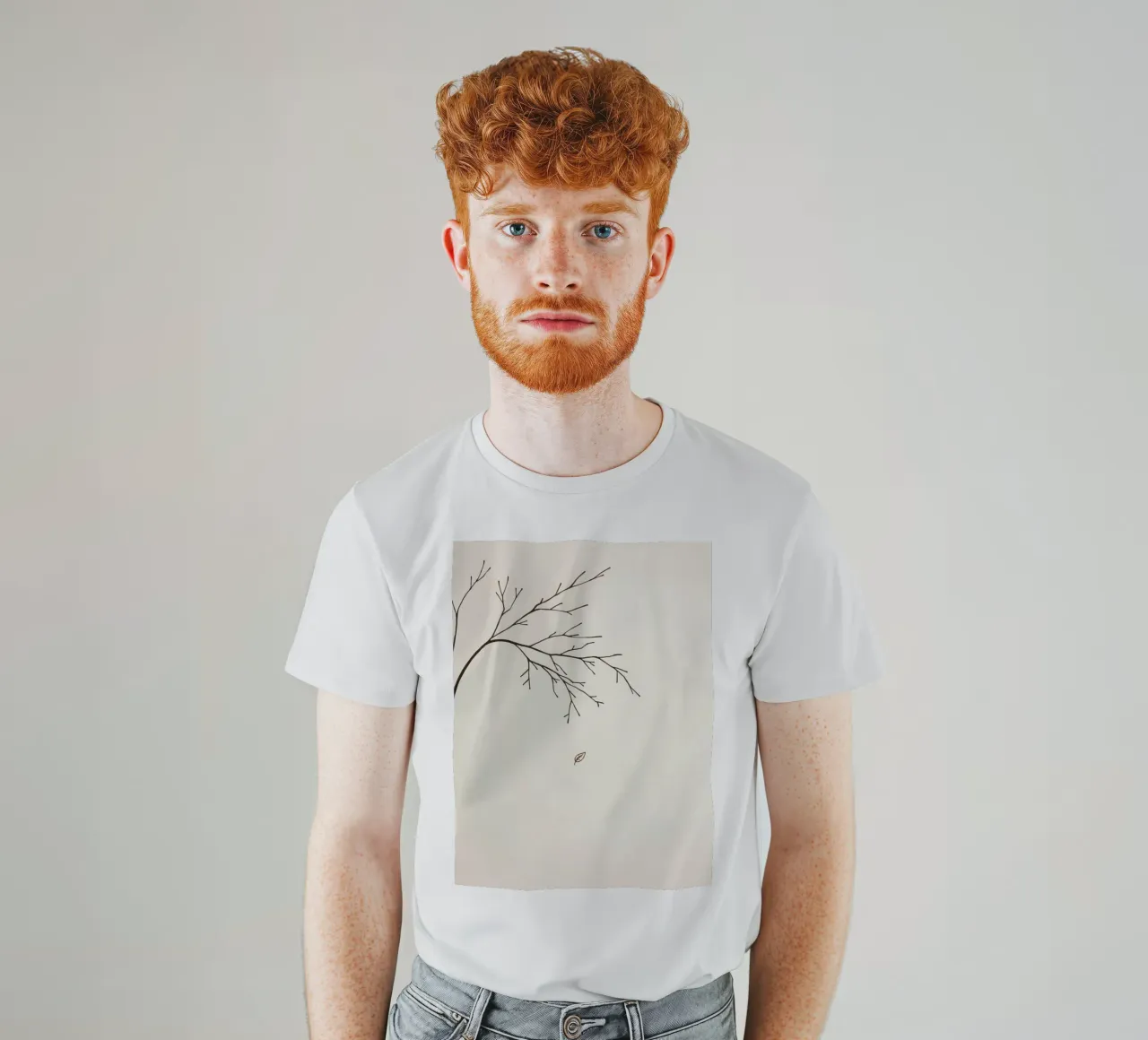 Stylized tree branch with a single leaf falling line art t-shirt by DesignDoodle