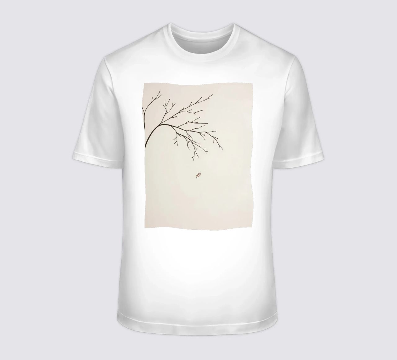Stylized tree branch with a single leaf falling line art t-shirt by DesignDoodle