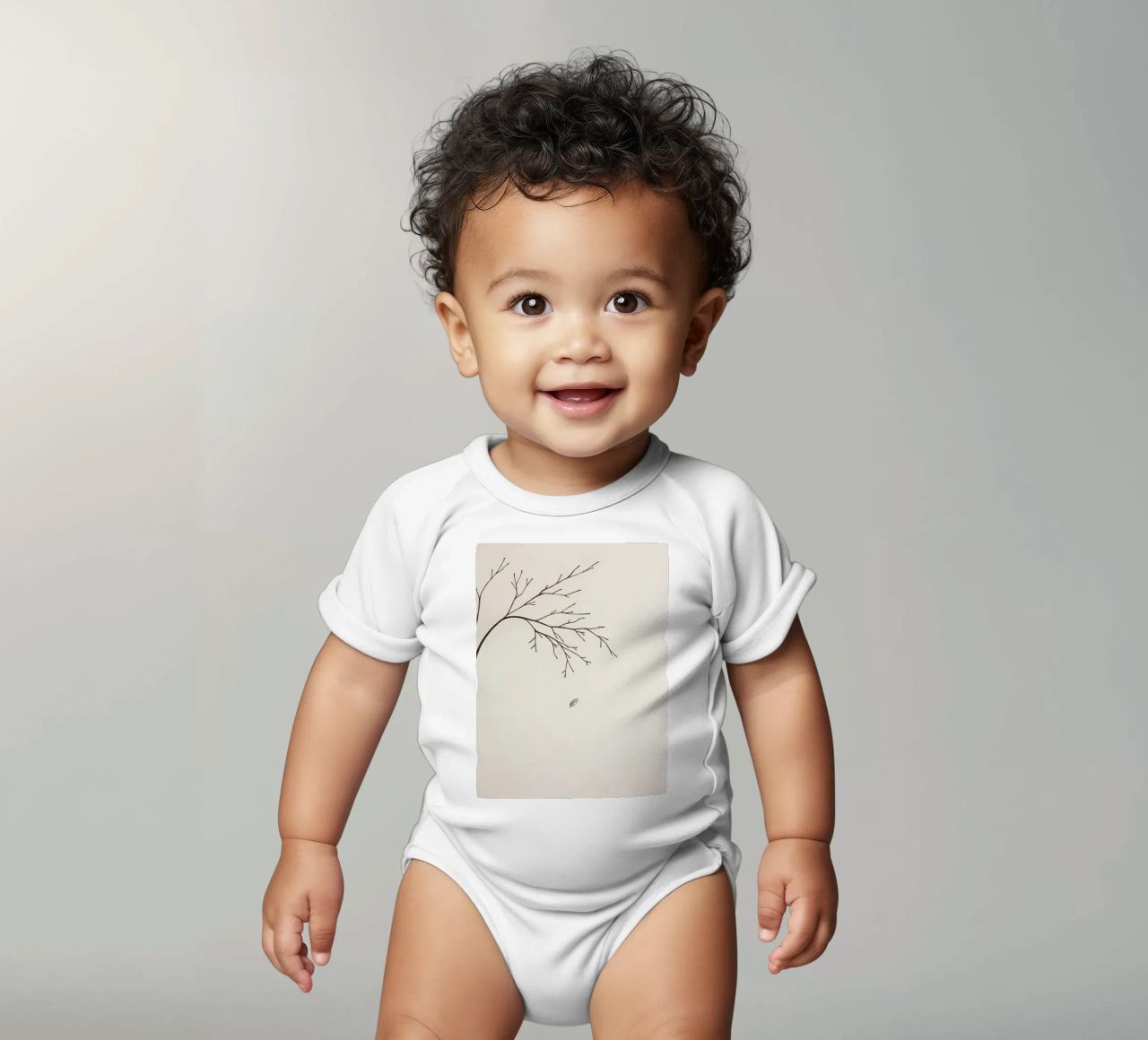 Stylized tree branch with a single leaf falling line art short-sleeve baby romper by DesignDoodle