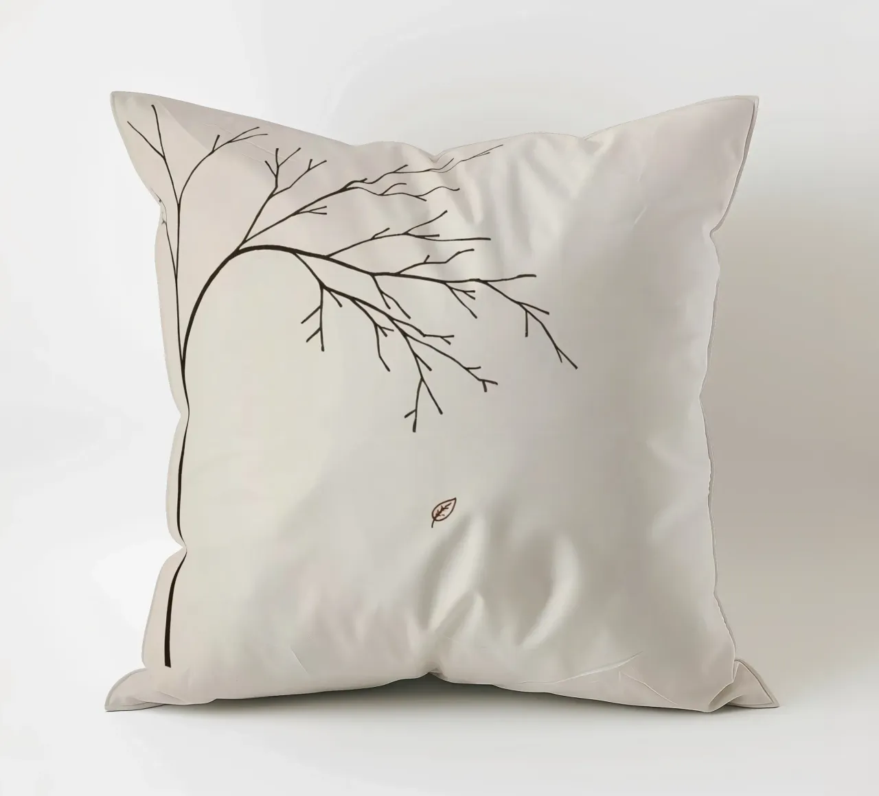 Stylized tree branch with a single leaf falling line art decorative cushion by DesignDoodle