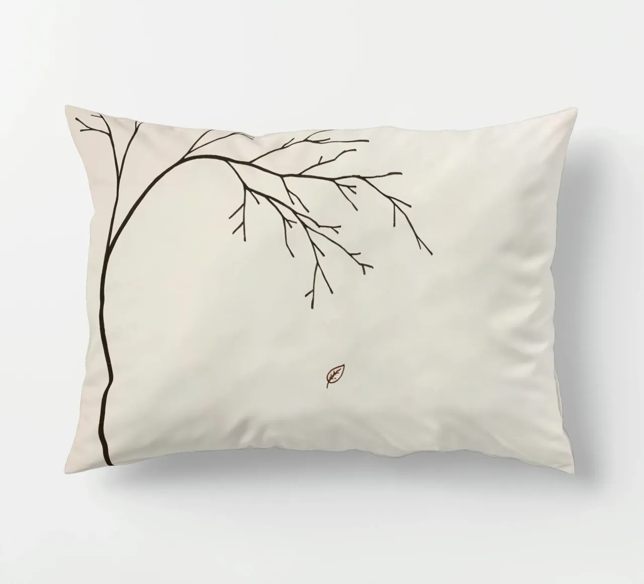 Stylized tree branch with a single leaf falling line art decorative cushion by DesignDoodle