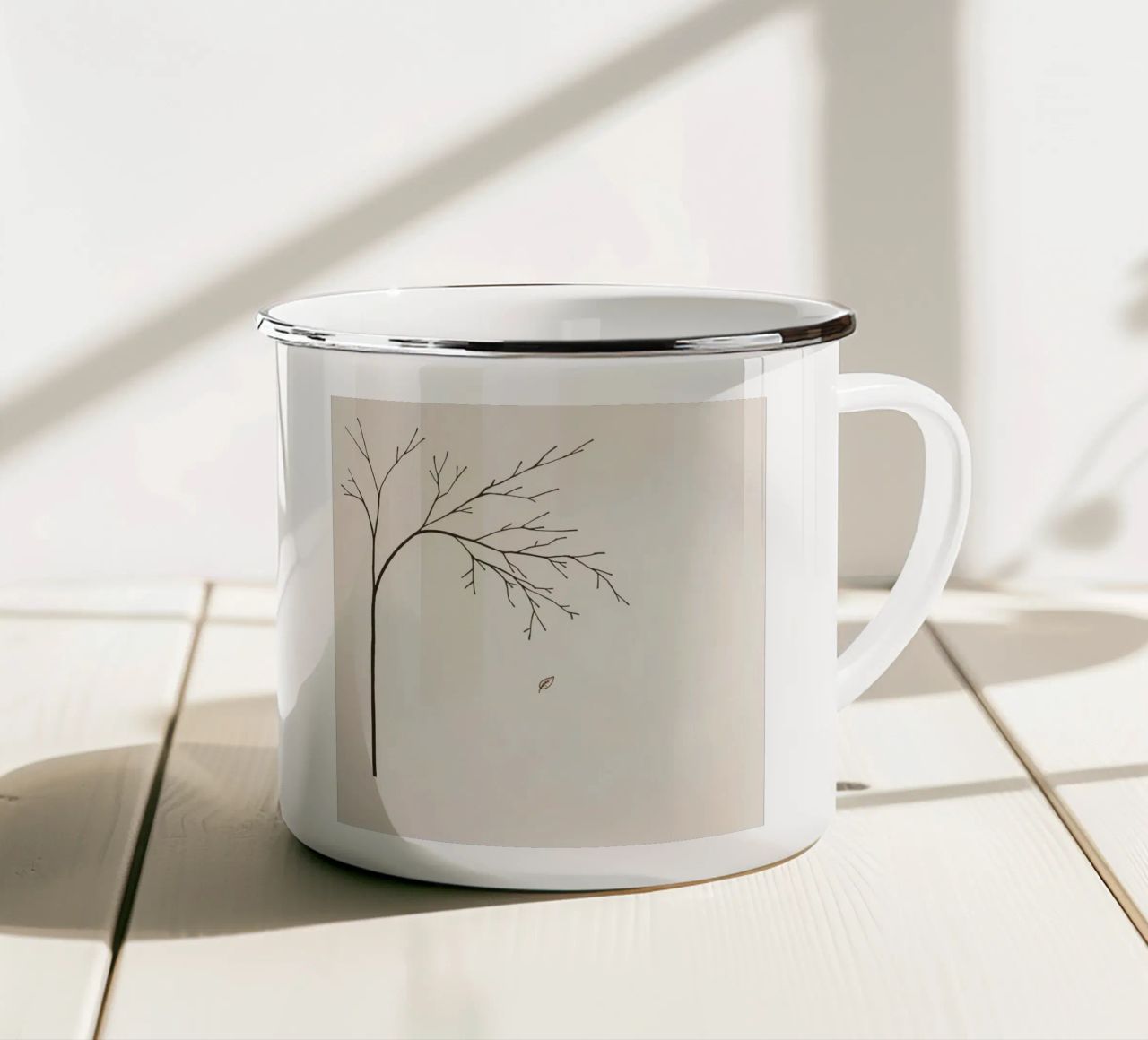 Stylized tree branch with a single leaf falling line art enamel mug by DesignDoodle