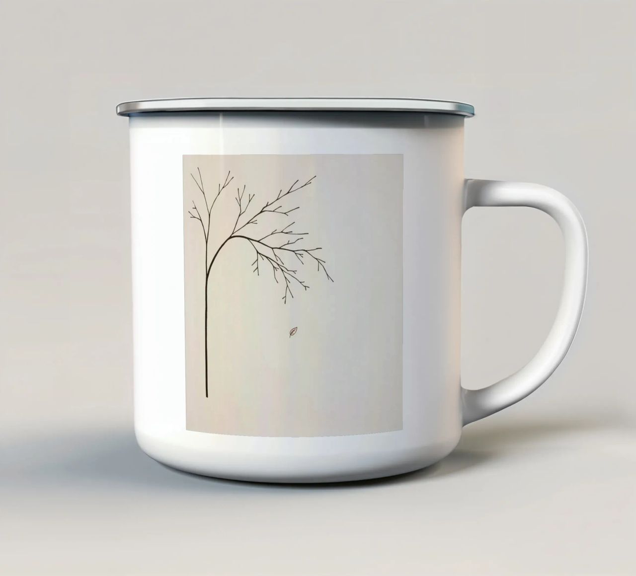 Stylized tree branch with a single leaf falling line art enamel mug by DesignDoodle