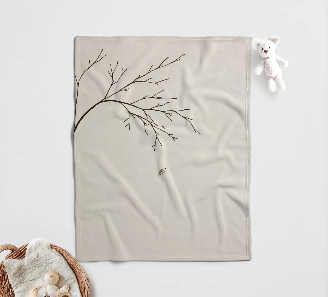 Stylized tree branch with a single leaf falling line art fleece blanket by DesignDoodle