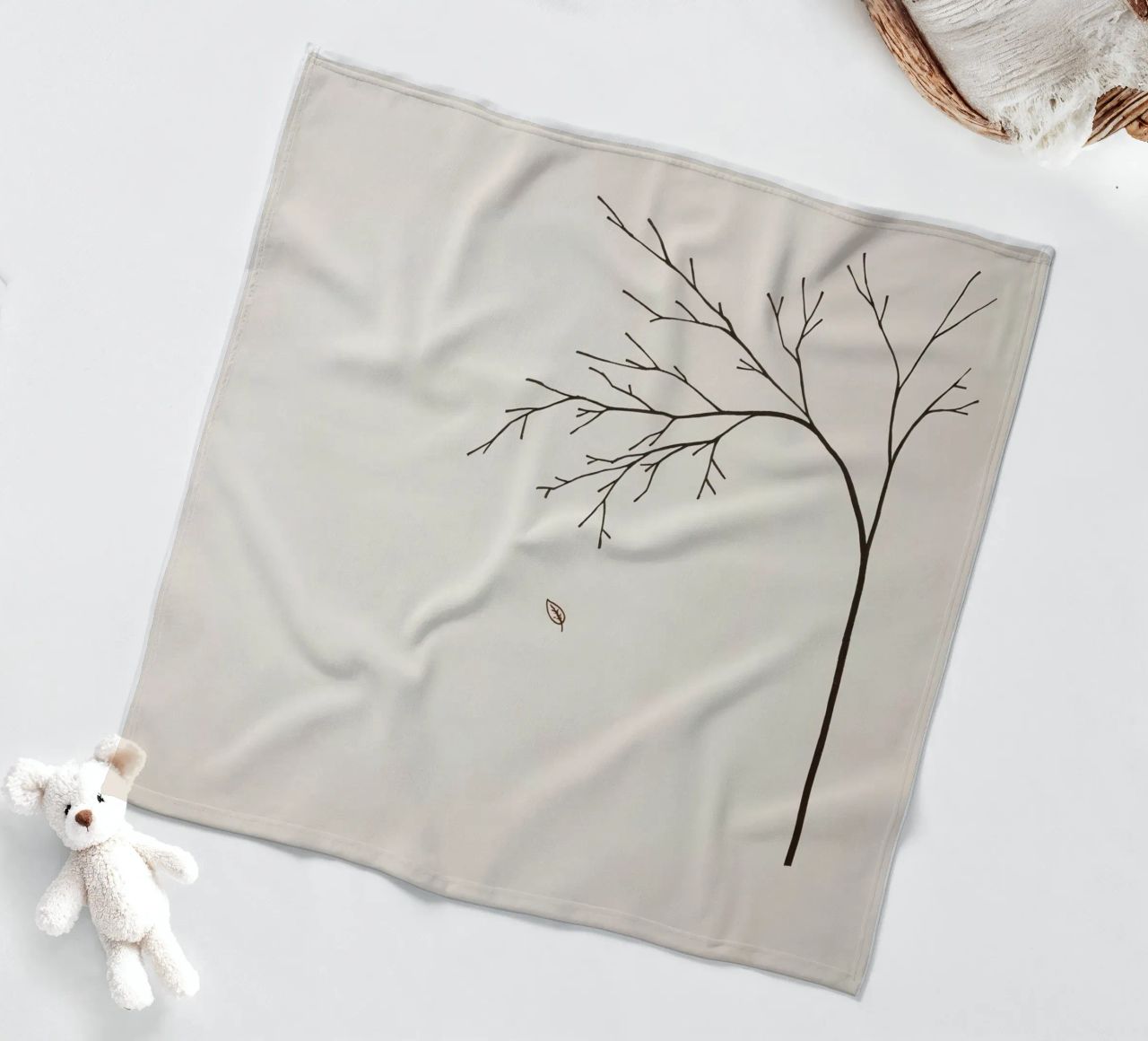 Stylized tree branch with a single leaf falling line art fleece blanket by DesignDoodle