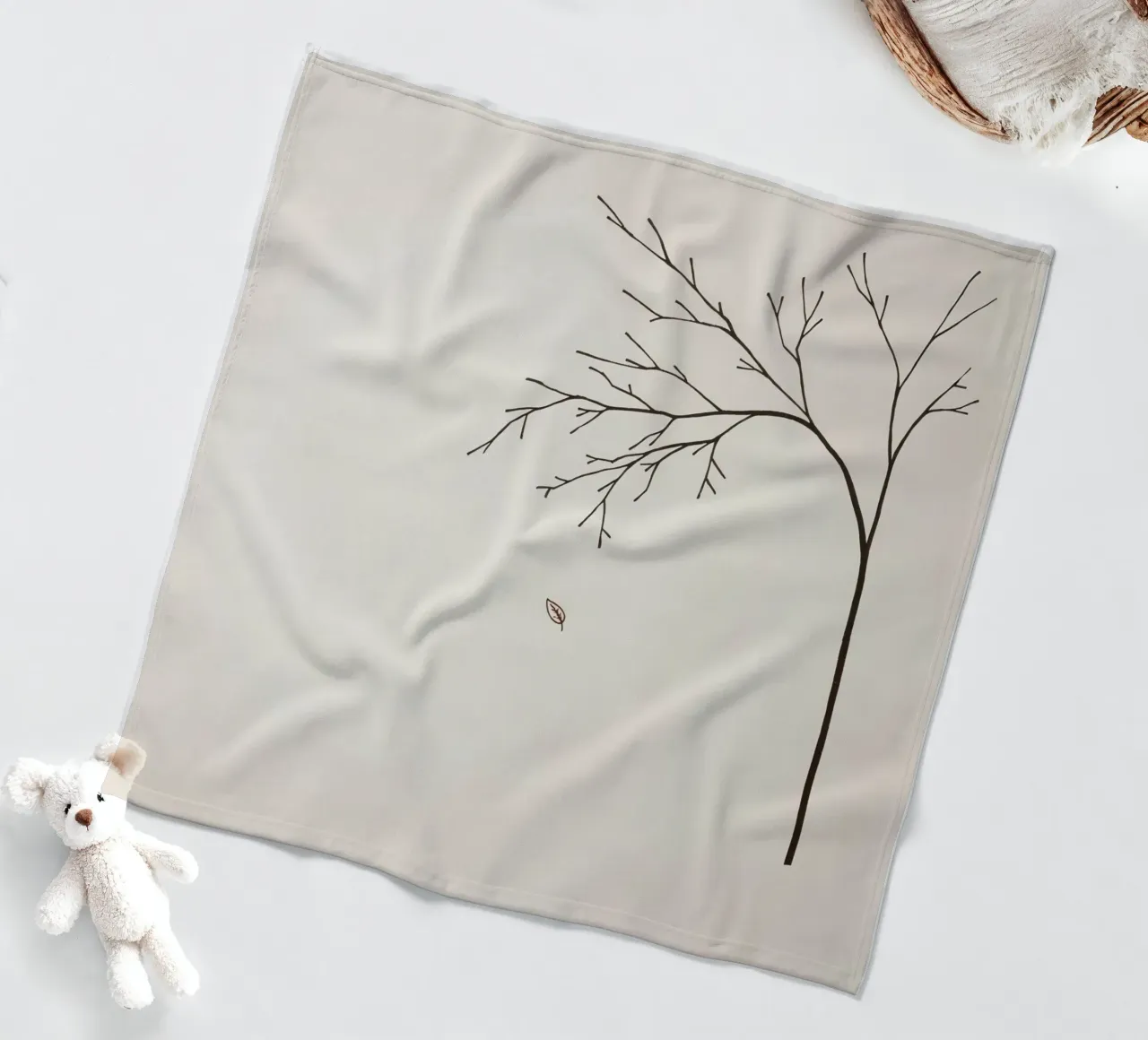 Stylized tree branch with a single leaf falling line art fleece blanket by DesignDoodle