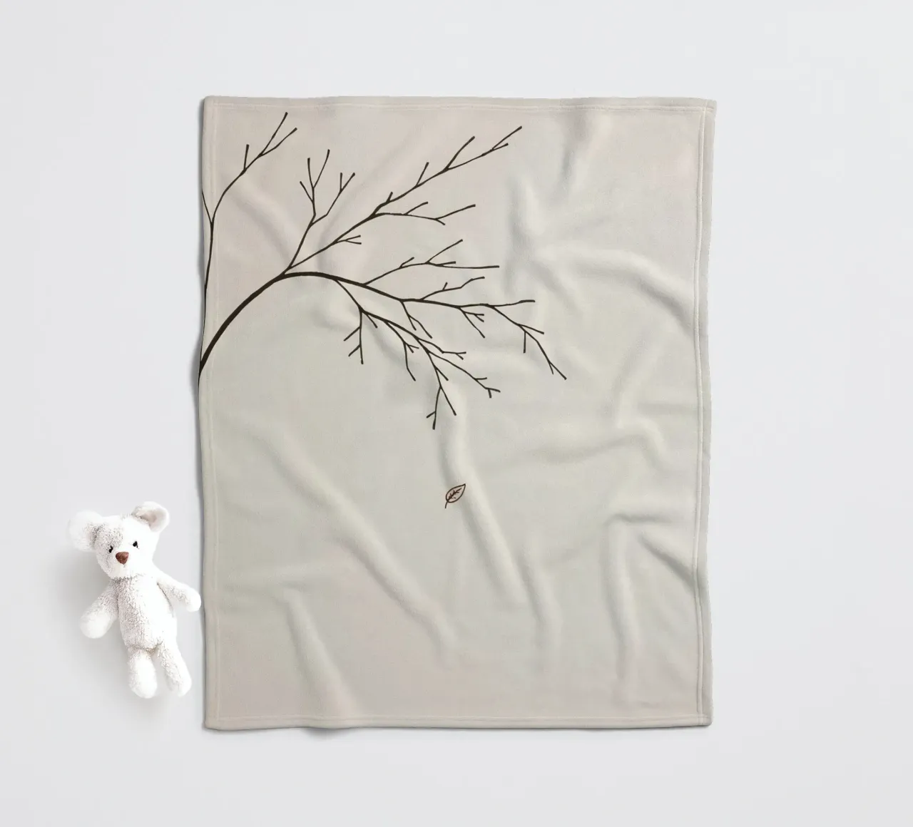 Stylized tree branch with a single leaf falling line art fleece blanket by DesignDoodle