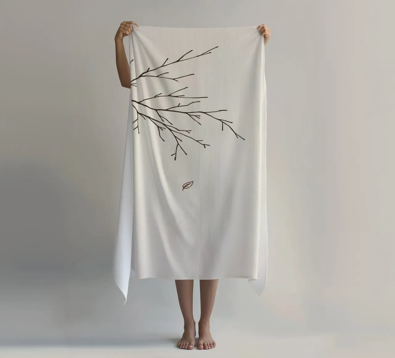 Stylized tree branch with a single leaf falling line art beach towel by DesignDoodle