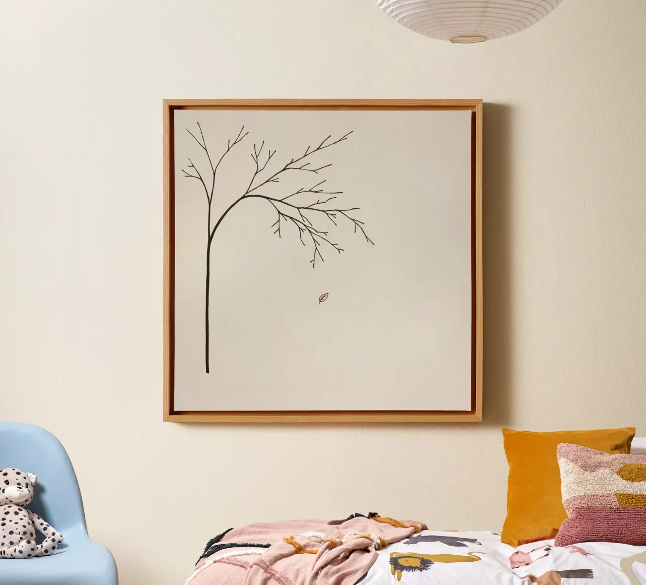 Stylized tree branch with a single leaf falling line art canvas with Floater frame by DesignDoodle