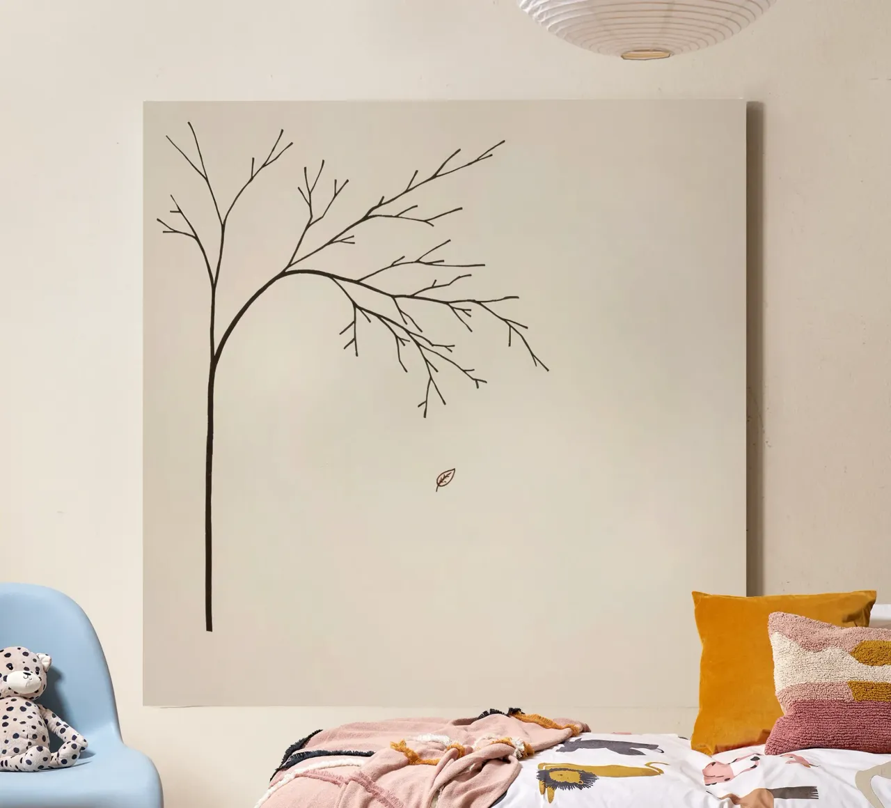 Stylized tree branch with a single leaf falling line art canvas by DesignDoodle