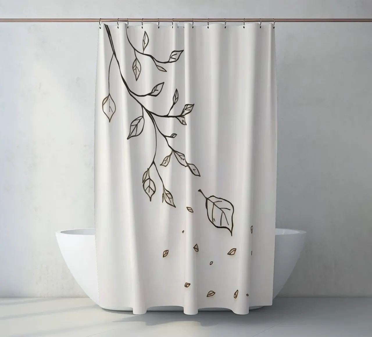 Leaves falling from a branch in a minimalistic artistic art shower curtain by DesignDoodle