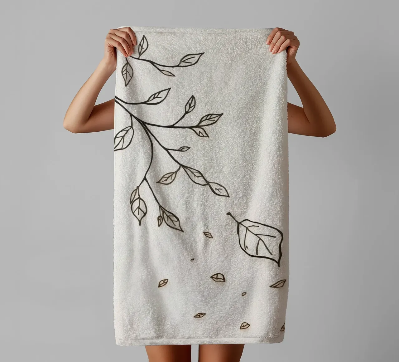 Leaves falling from a branch in a minimalistic artistic art towel by DesignDoodle