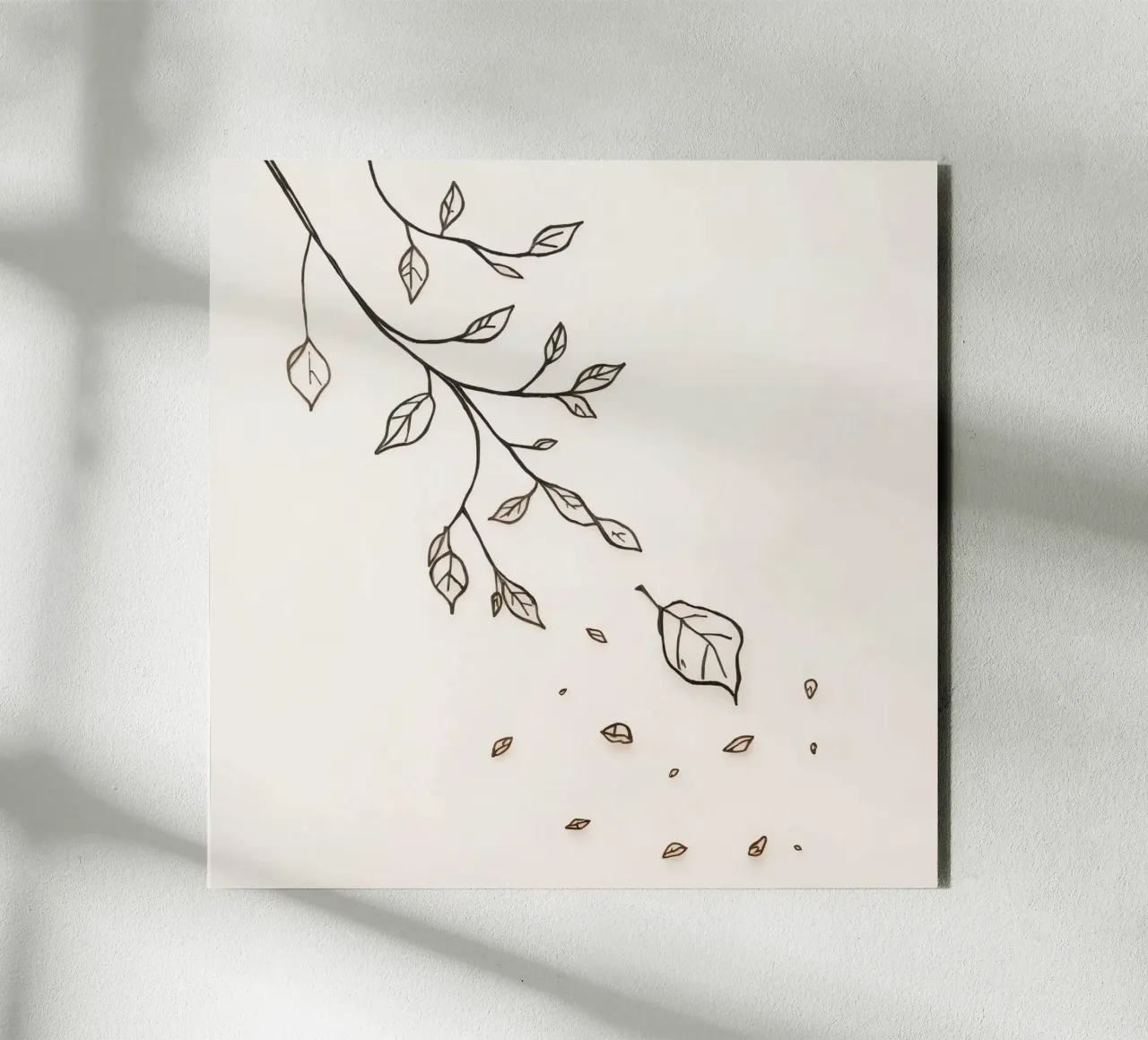 Blätter, die von einem Zweig fallen, in einer minimalistischen künstlerischen Darstellung Alu-Dibond von DesignDoodle