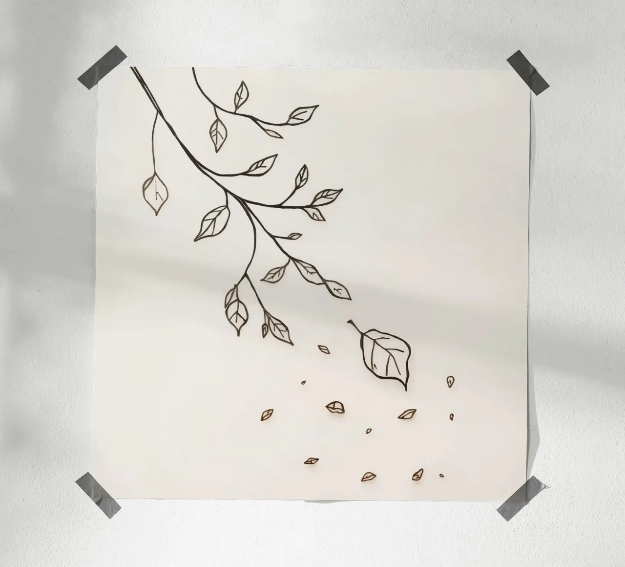 Leaves falling from a branch in a minimalistic artistic art hahnemühle by DesignDoodle