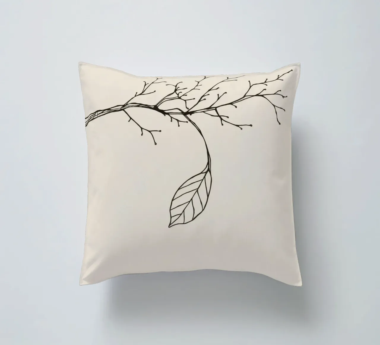 Intricately drawn branch with delicate twigs & single leafe decorative cushion by DesignDoodle
