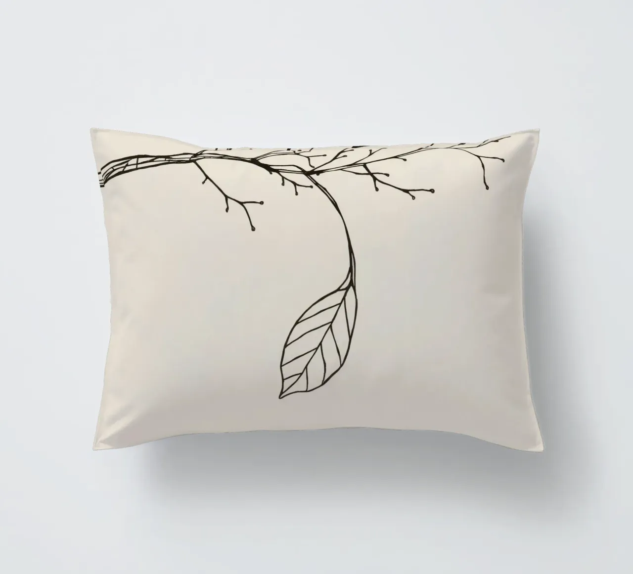 Intricately drawn branch with delicate twigs & single leafe decorative cushion by DesignDoodle