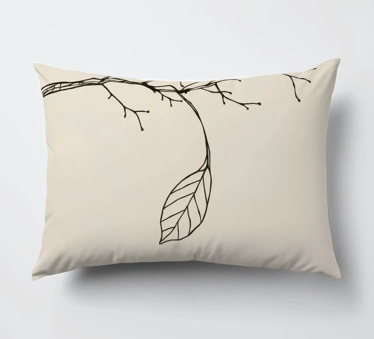 Intricately drawn branch with delicate twigs & single leafe decorative cushion by DesignDoodle