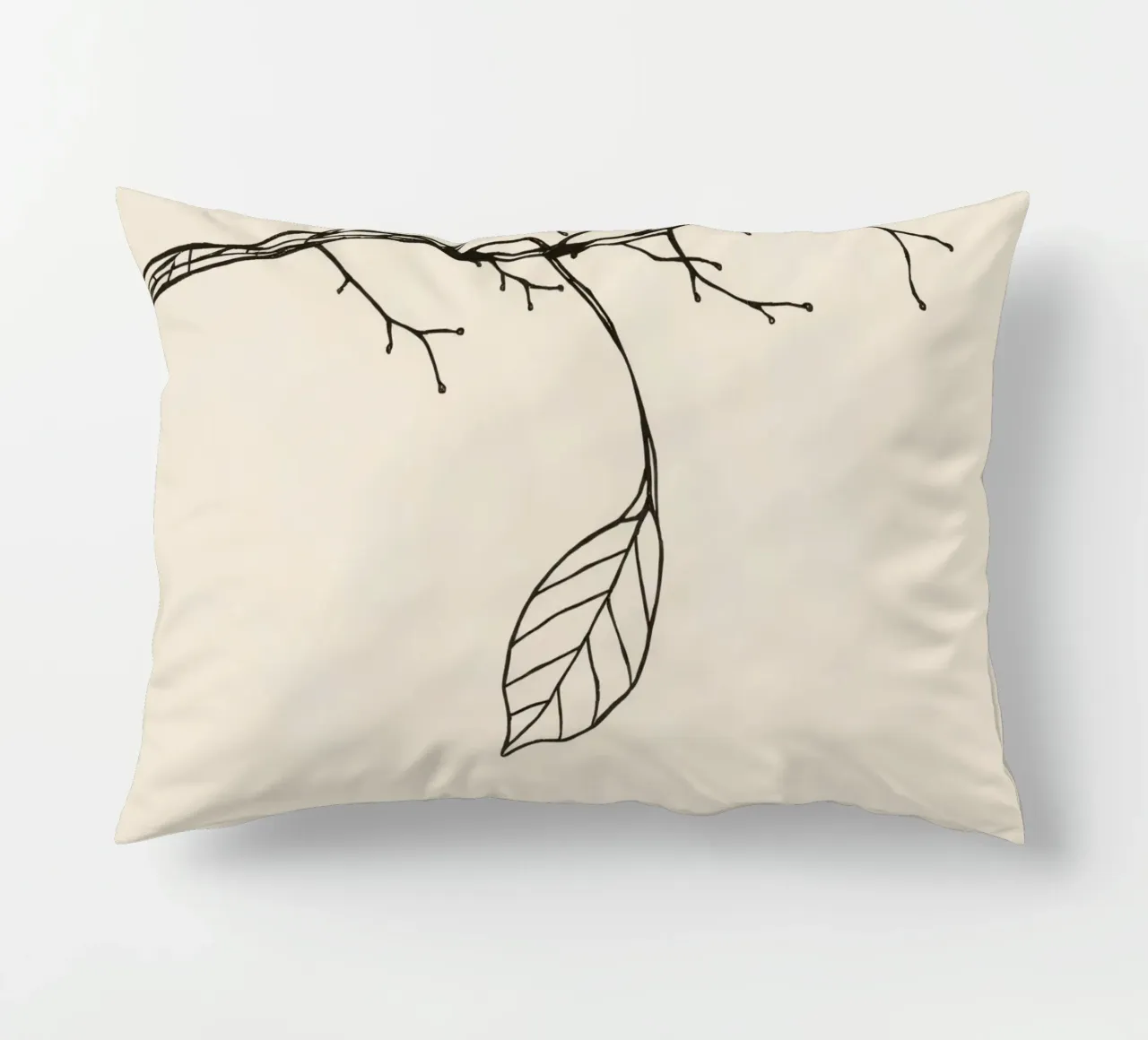 Intricately drawn branch with delicate twigs & single leafe decorative cushion by DesignDoodle