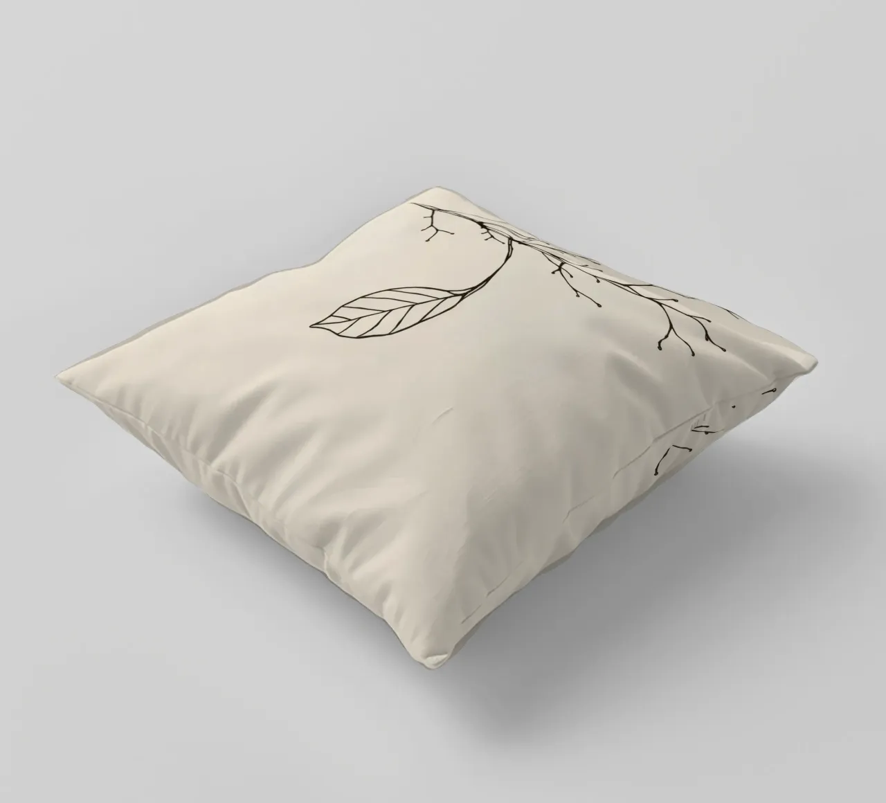 Intricately drawn branch with delicate twigs & single leafe decorative cushion by DesignDoodle