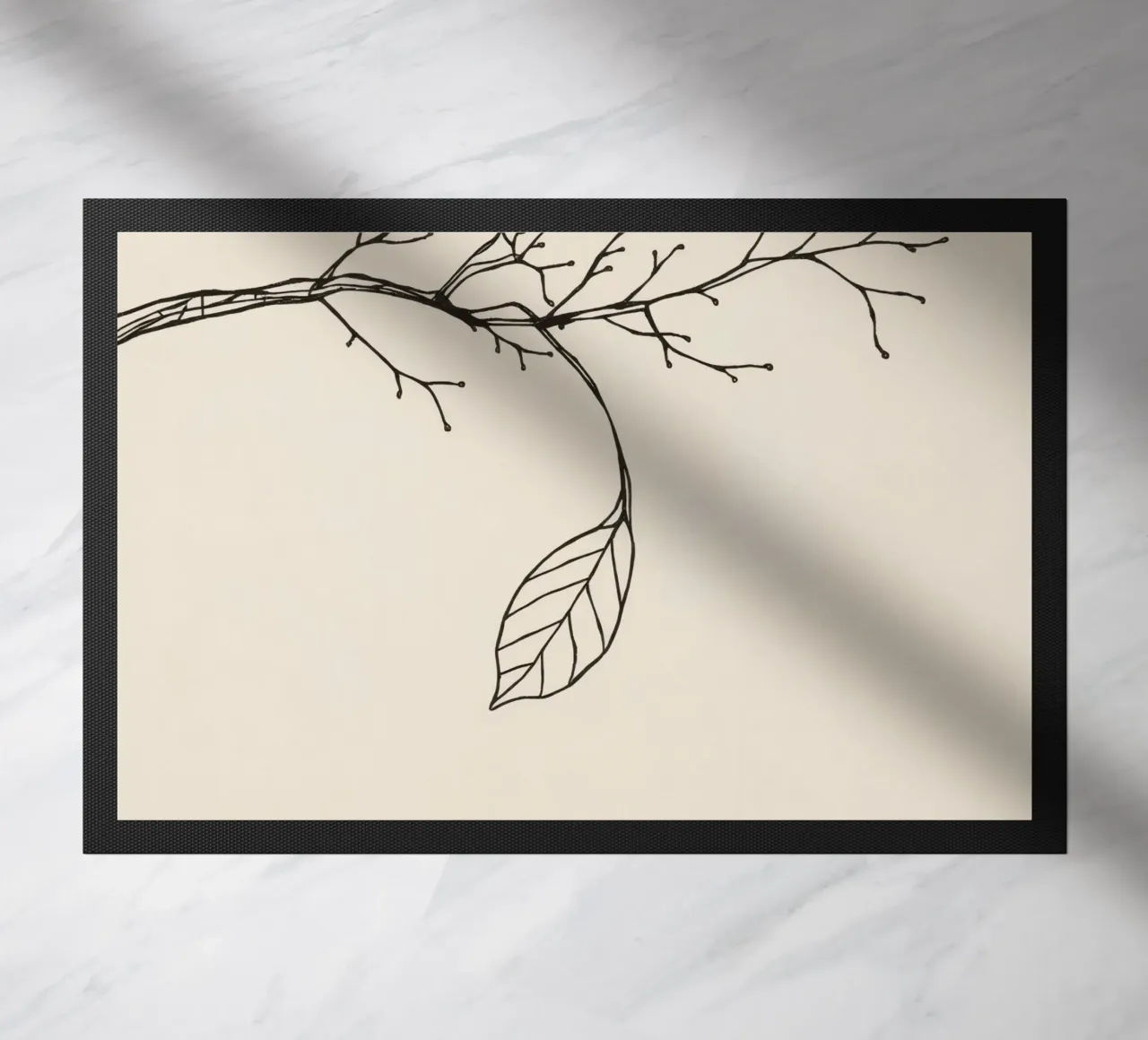 Intricately drawn branch with delicate twigs & single leafe doormat by DesignDoodle