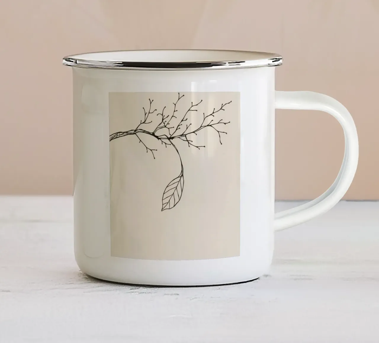 Intricately drawn branch with delicate twigs & single leafe enamel mug by DesignDoodle