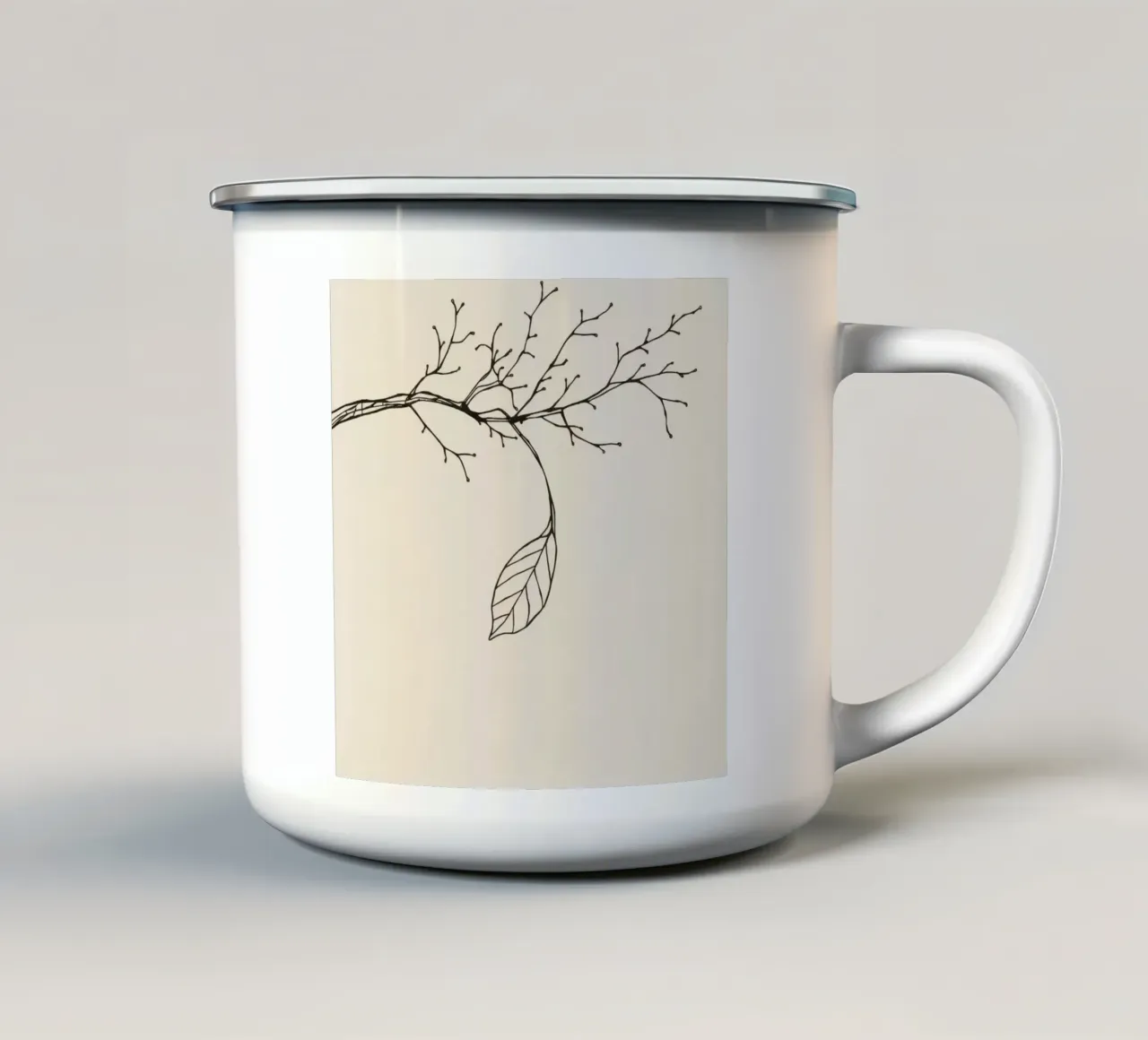 Intricately drawn branch with delicate twigs & single leafe enamel mug by DesignDoodle