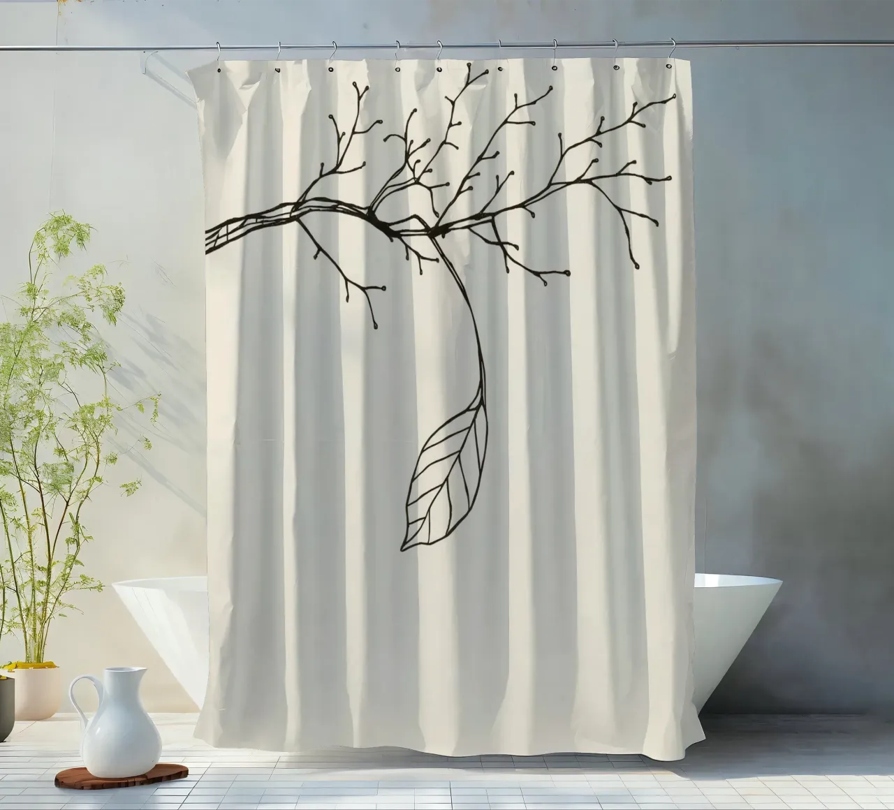 Intricately drawn branch with delicate twigs & single leafe shower curtain by DesignDoodle