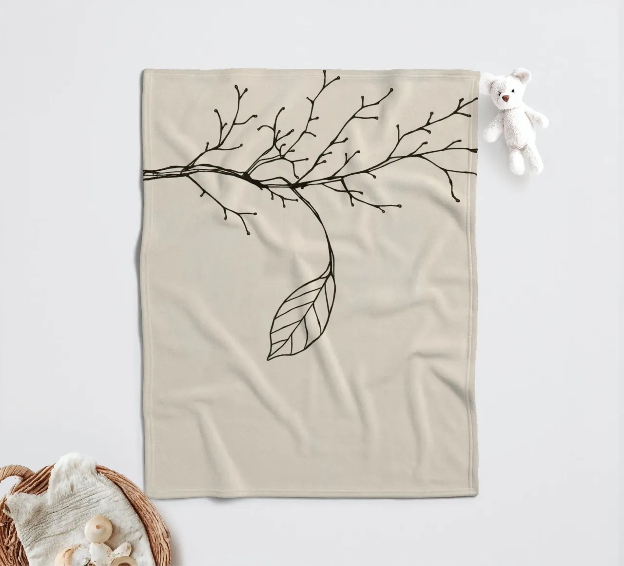 Intricately drawn branch with delicate twigs & single leafe fleece blanket by DesignDoodle