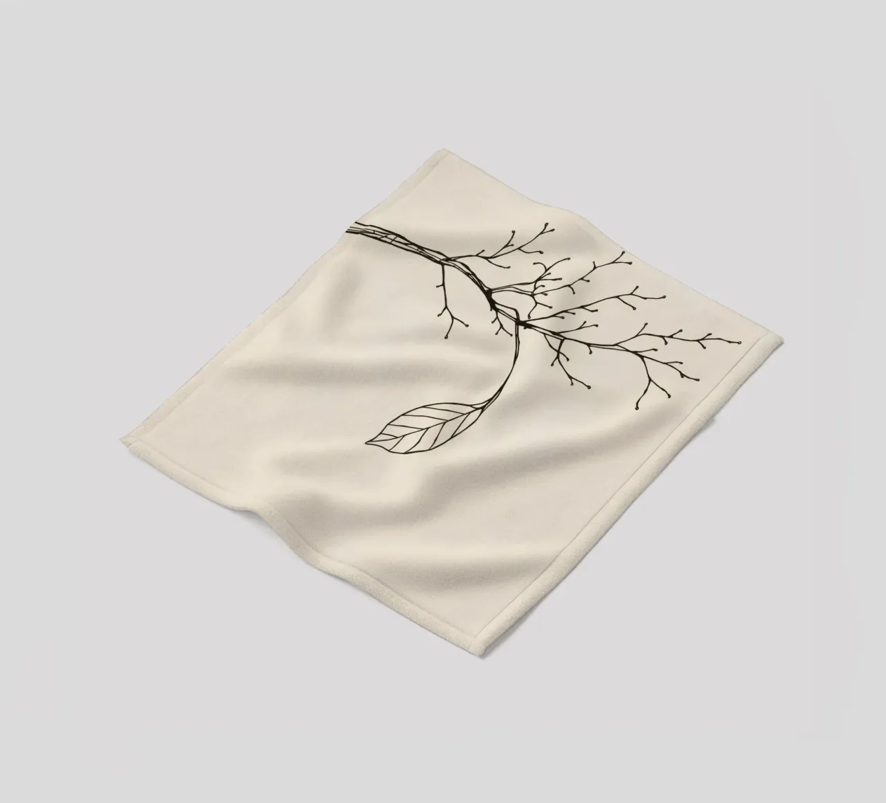 Intricately drawn branch with delicate twigs & single leafe fleece blanket by DesignDoodle