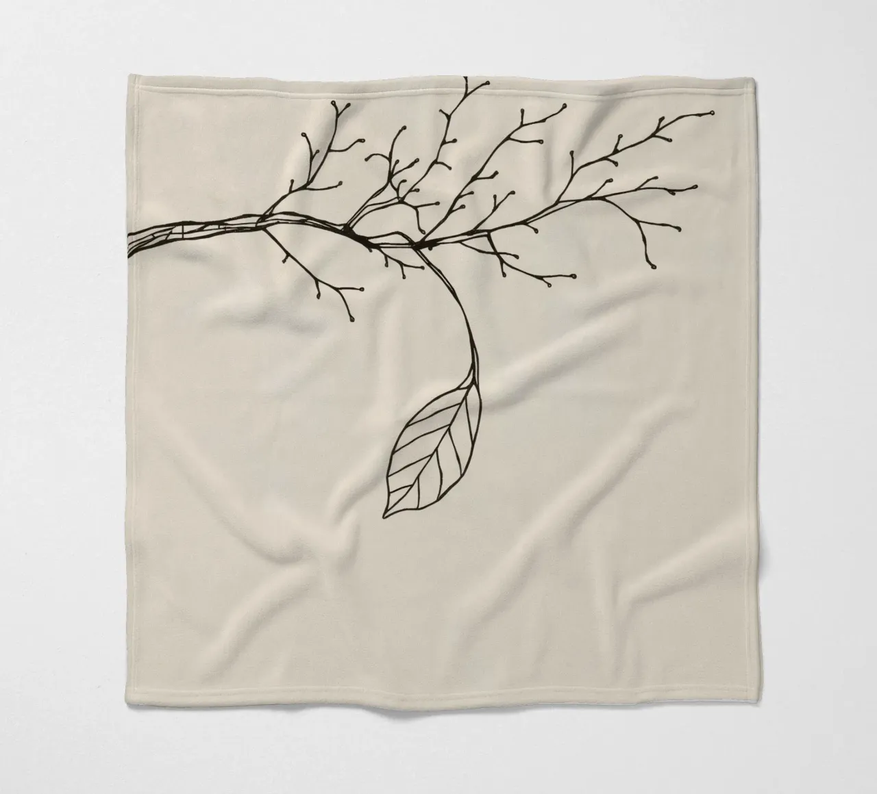 Intricately drawn branch with delicate twigs & single leafe fleece blanket by DesignDoodle