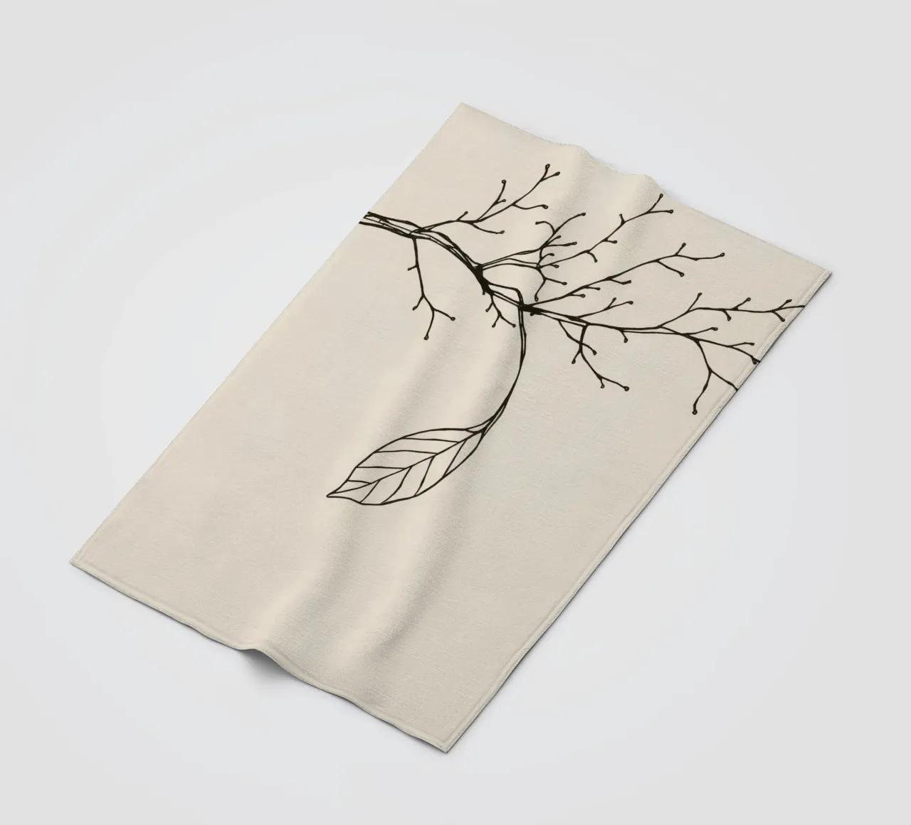 Intricately drawn branch with delicate twigs & single leafe fleece blanket by DesignDoodle