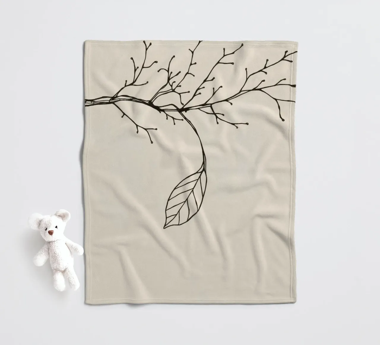 Intricately drawn branch with delicate twigs & single leafe fleece blanket by DesignDoodle