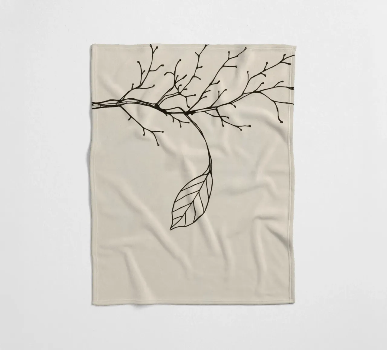 Intricately drawn branch with delicate twigs & single leafe fleece blanket by DesignDoodle
