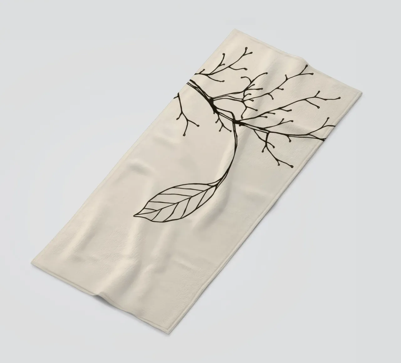 Intricately drawn branch with delicate twigs & single leafe beach towel by DesignDoodle