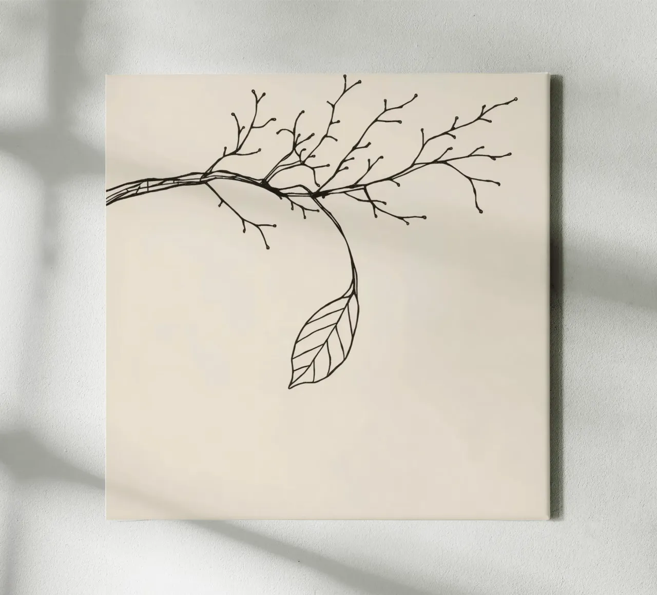 Intricately drawn branch with delicate twigs & single leafe canvas by DesignDoodle