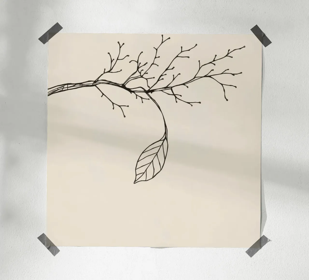 Intricately drawn branch with delicate twigs & single leafe hahnemühle by DesignDoodle