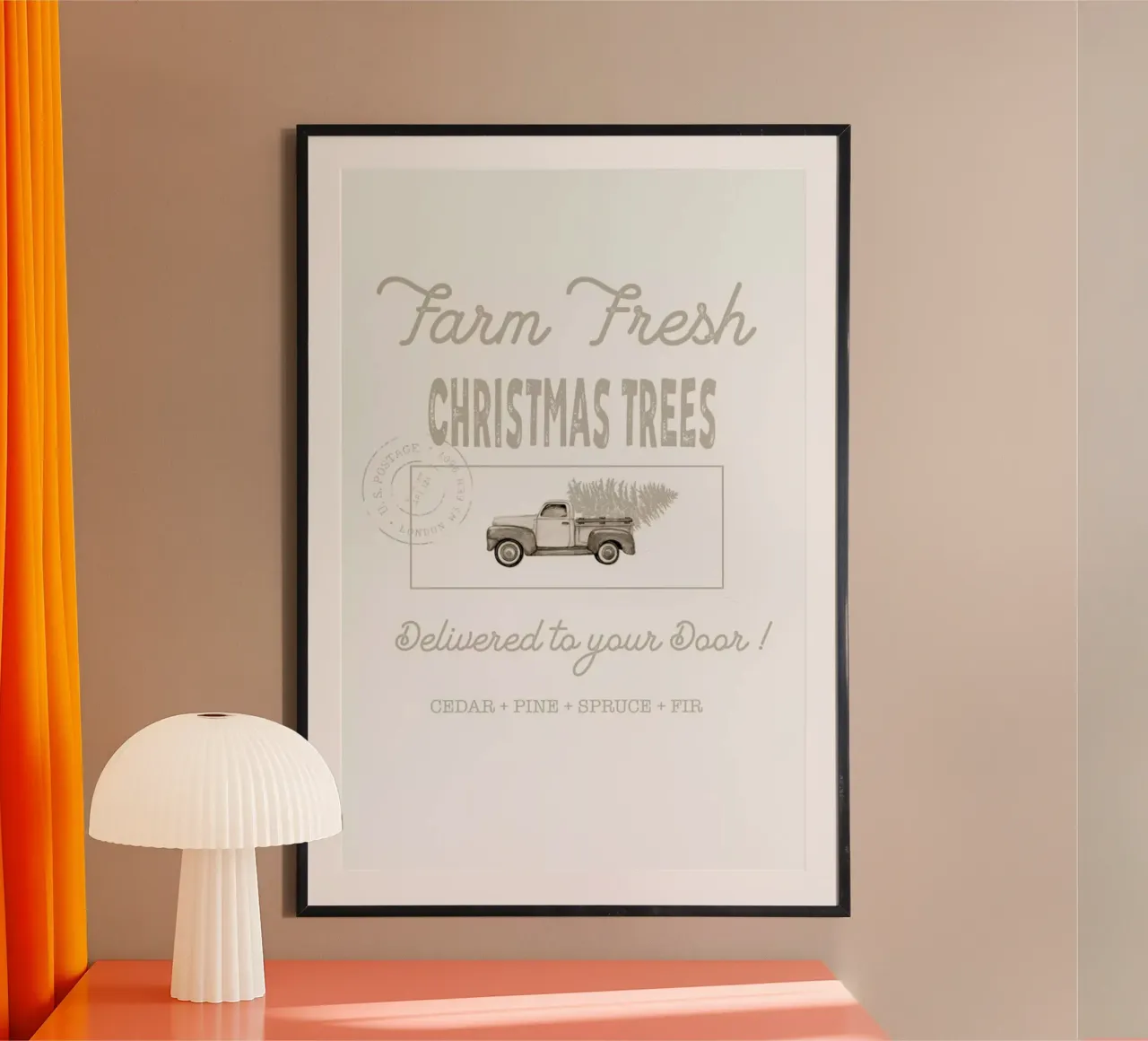 Farm Fresh Christmas Trees Beige poster con telaio in plastica da Monika Strigel