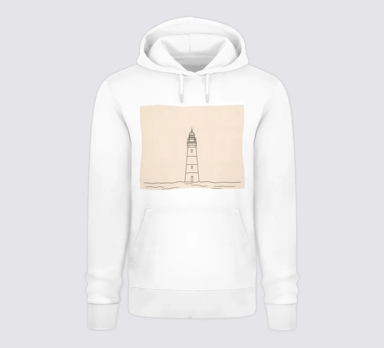 Lighthouse standing tall above gentle waves with a clear sky hoodie by DesignDoodle