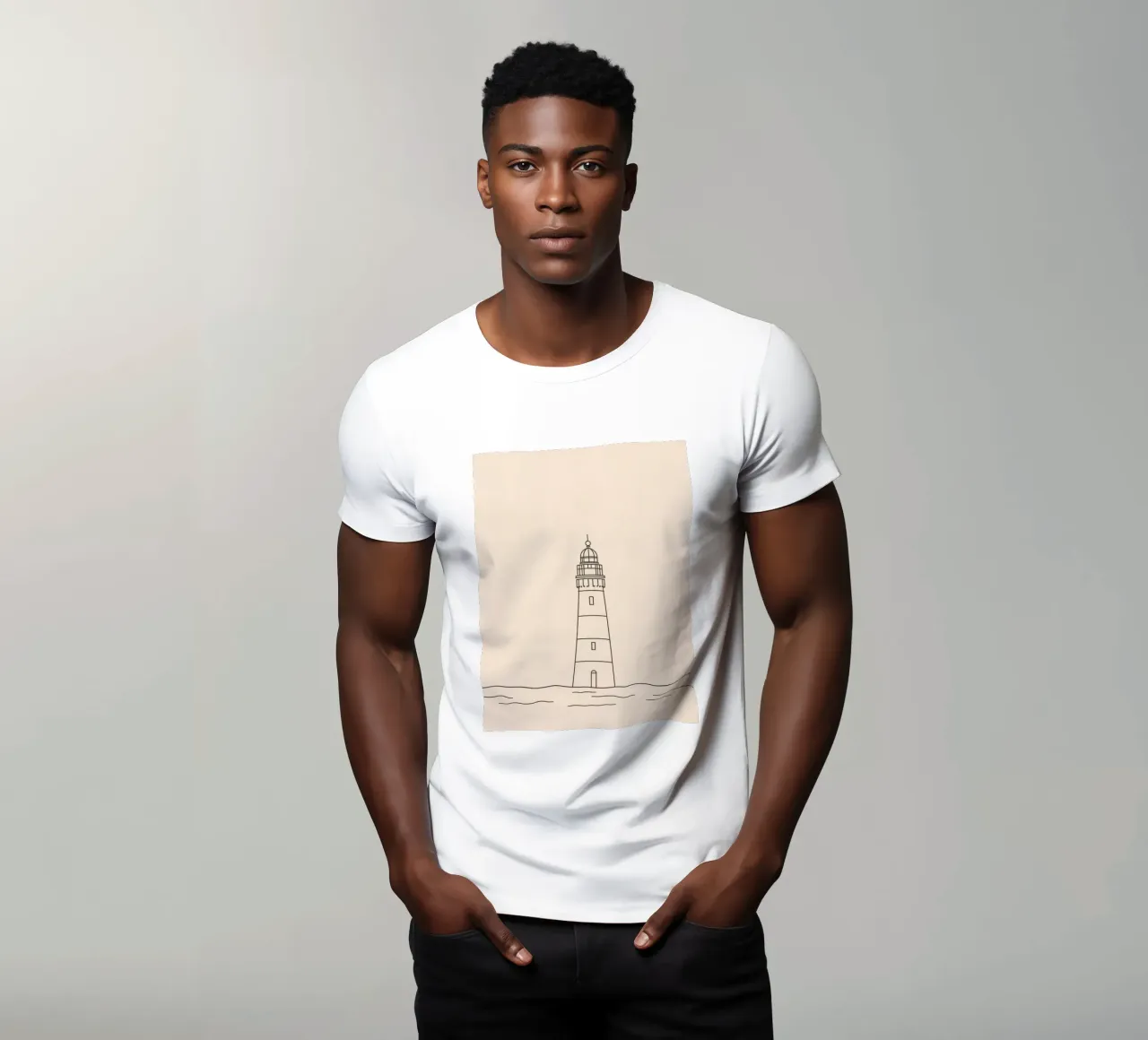 Lighthouse standing tall above gentle waves with a clear sky t-shirt by DesignDoodle