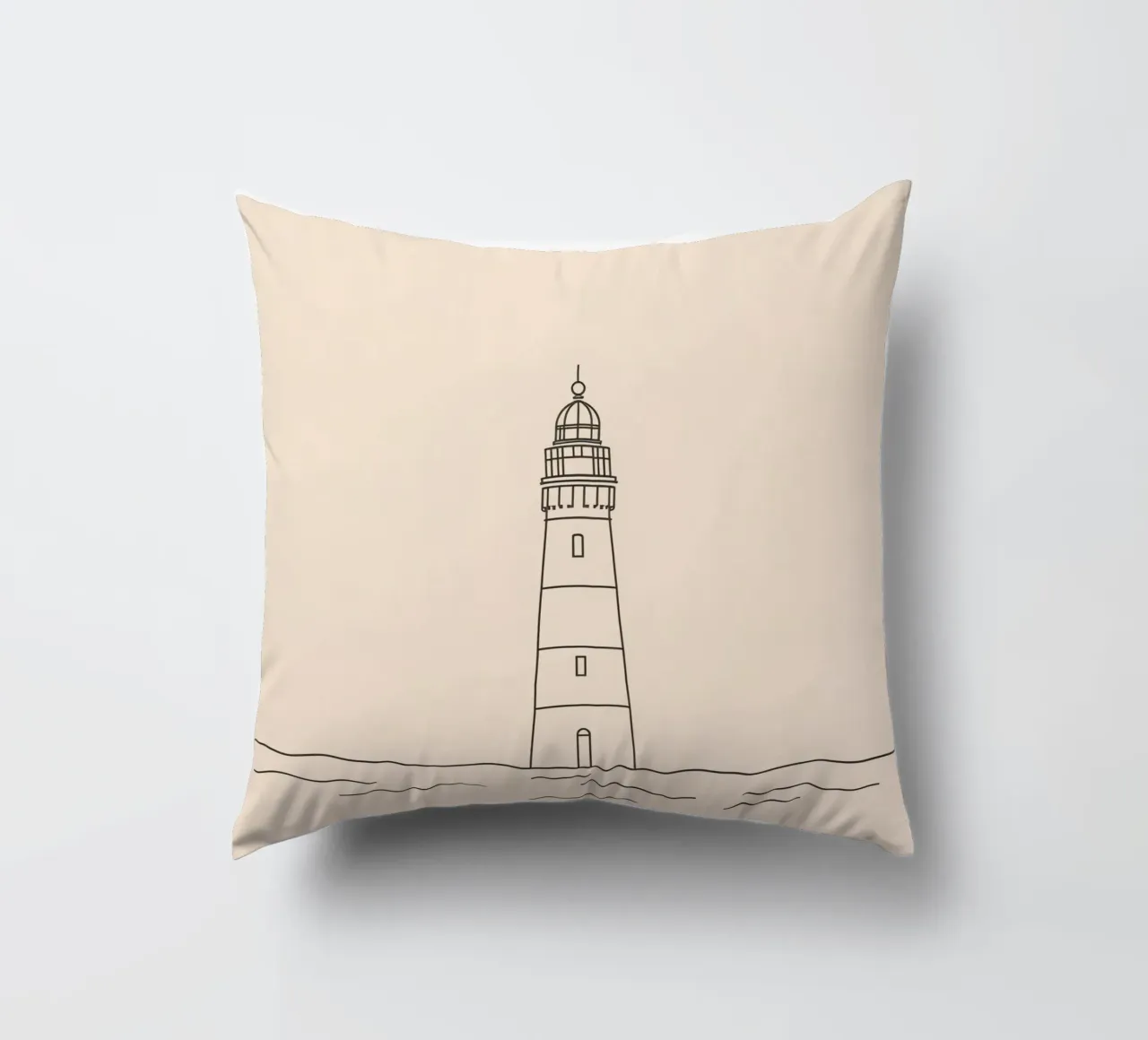 Lighthouse standing tall above gentle waves with a clear sky decorative cushion by DesignDoodle