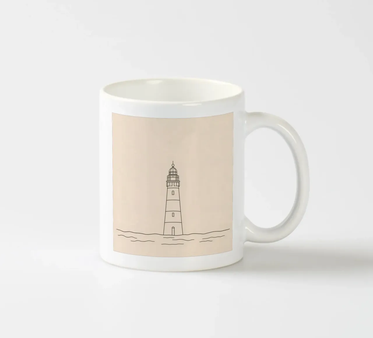 Lighthouse standing tall above gentle waves with a clear sky ceramic mug by DesignDoodle